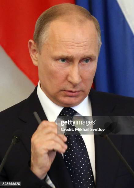 Russian President Vladimir Putin holds a joint press conference with Finland's President Sauli Niinisto July 27, 2017 in Savonlinna, Finland. Putin...