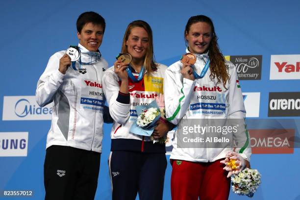 Silver medalist Franziska Hentke of Germany and gold medalist Mireia Belmonte of Spain and bronze medalist Katinka Hosszu of Hungary pose with the...