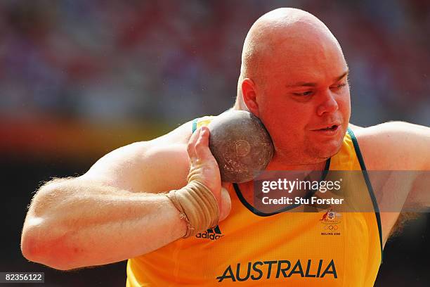 Scott Martin of Australia competes in the Men's Shot Put Qualifying Round at the National Stadium on Day 7 of the Beijing 2008 Olympic Games on...