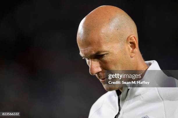 Manager Zinedine Zidane of Real Madrid looks on after a match against Manchester City during the International Champions Cup soccer match at Los...