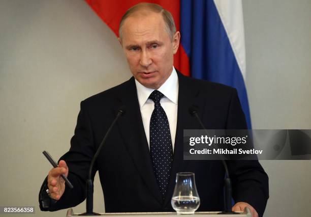 Russian President Vladimir Putin holds a joint press conference with Finland's President Sauli Niinisto July 27, 2017 in Savonlinna, Finland. Putin...