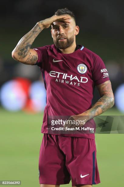 Nicolas Otamendi of Manchester City reacts to scoring a goal against Real Madrid during the second half of the International Champions Cup soccer...
