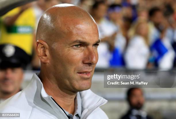 Manager Zinedine Zidane of Real Madrid looks on prior to a match against Manchester City during the International Champions Cup soccer match at Los...