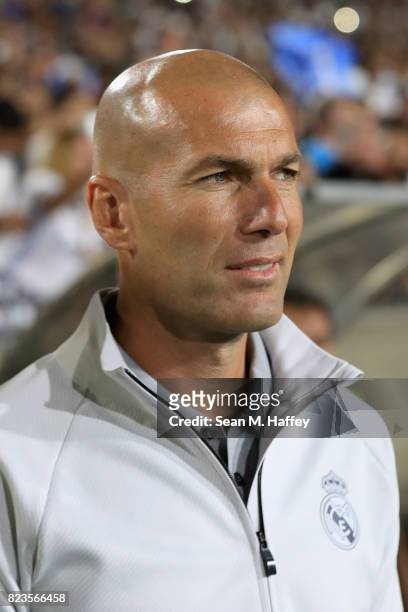 Manager Zinedine Zidane of Real Madrid looks on prior to a match against Manchester City during the International Champions Cup soccer match at Los...