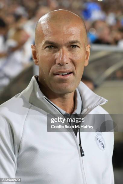 Manager Zinedine Zidane of Real Madrid looks on prior to a match against Manchester City during the International Champions Cup soccer match at Los...