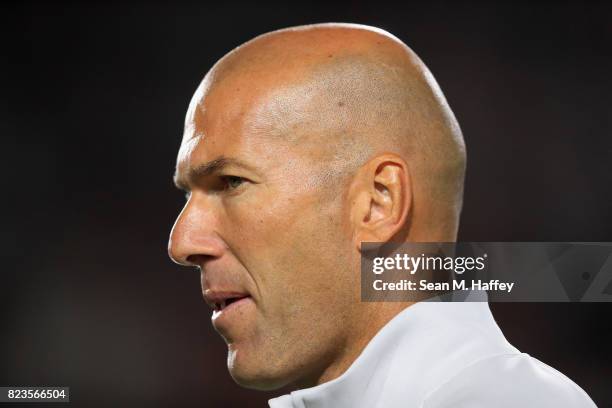 Manager Zinedine Zidane of Real Madrid looks on after a match against Manchester City during the International Champions Cup soccer match at Los...