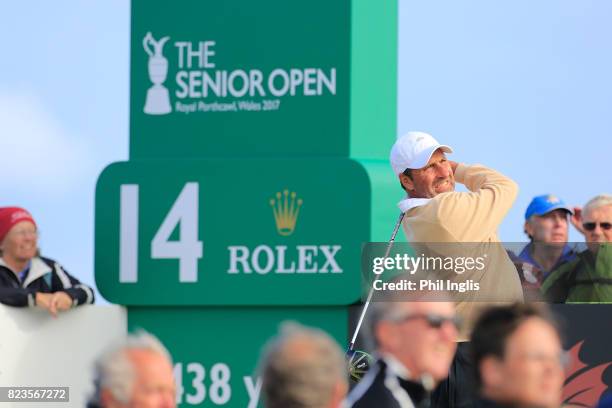 Jose Maria Olazabal of Spain in action during the first round of the Senior Open Championship presented by Rolex at Royal Porthcawl Golf Club on July...