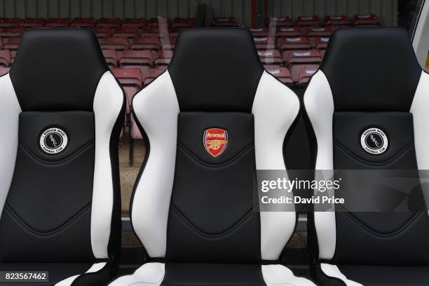 The new dugouts at Meadow Park the home of Boreham Wood before the match between Boreham Wood and Arsenal XI at Meadow Park on July 27, 2017 in...