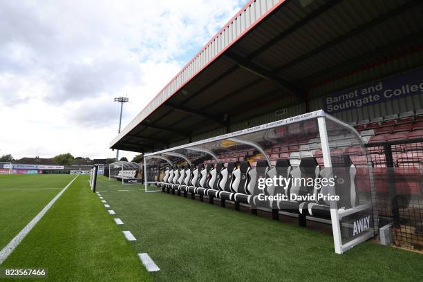 The new dugouts at Meadow Park the home of Boreham Wood before the match between Boreham Wood and Arsenal XI at Meadow Park on July 27, 2017 in...