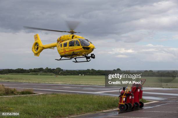 Prince William, Duke of Cambridge starts his final shift with the East Anglian Air Ambulance based out of Marshall Airport on July 27, 2017 near...