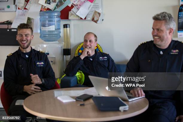 Prince William, Duke of Cambridge is seen in the briefing room with the crew as starts his final shift with the East Anglian Air Ambulance based out...