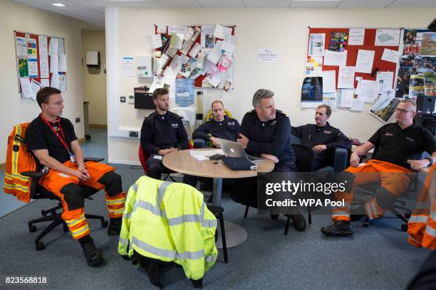 Prince William, Duke of Cambridge is seen in the briefing room with the crew as starts his final shift with the East Anglian Air Ambulance based out...