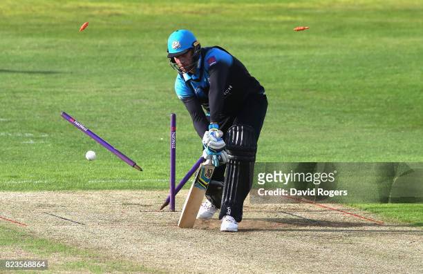 John Hastings of Worcestershire is bowled by Richard Gleeson during the NatWest T20 Blast match between Northamptonshire Steelbacks and...