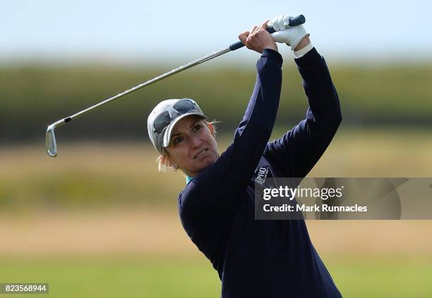 Karrie Webb of Australia plays her second shot at the 17th hole during the first day of the Aberdeen Asset Management Ladies Scottish Open at...