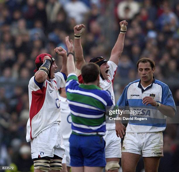 Alex Codling and Ben Kay celebrate the final whistle as England defeat Argentina in the Rugby Union International at Velez Sarsfield in Buenos Aires,...