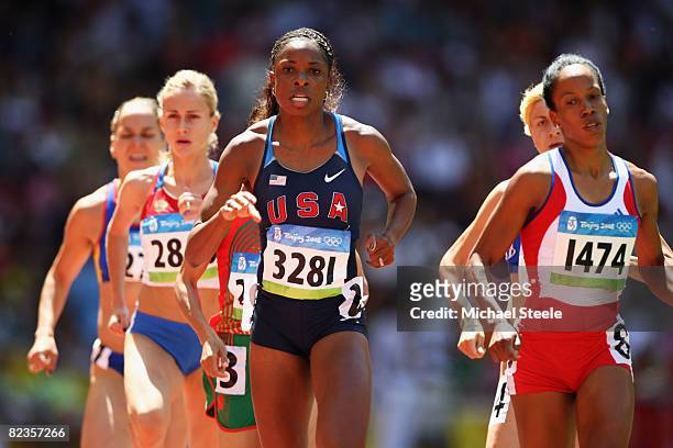Hazel Clark-Riley of the United States and Zulia Calatayud of Cuba compete in the Women's 800m Heats at the National Stadium on Day 7 of the Beijing...