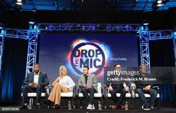 Host Method Man, host Hailey Baldwin, executive producer Ben Winston, executive producer Jensen Karp and executive producer James Corden of 'TBS Drop...