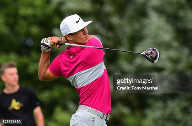 Thorbjorn Olesen of Denmarks plays his first shot on the 13th tee during the Porsche European Open - Day One at Green Eagle Golf Course on July 27,...