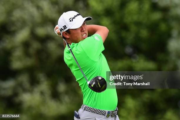 David Lipsky of the Unites States plays his first shot on the 13th tee during the Porsche European Open - Day One at Green Eagle Golf Course on July...