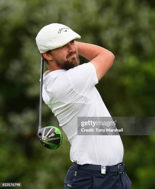 Rikard Karlberg of Sweden plays his first shot on the 13th tee during the Porsche European Open - Day One at Green Eagle Golf Course on July 27, 2017...