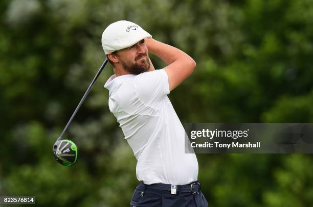 Rikard Karlberg of Sweden plays his first shot on the 13th tee during the Porsche European Open - Day One at Green Eagle Golf Course on July 27, 2017...