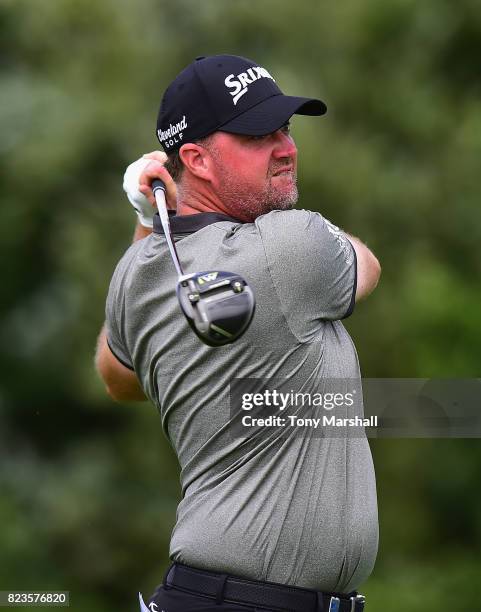 Peter Hanson of Sweden plays his first shot on the 13th tee during the Porsche European Open - Day One at Green Eagle Golf Course on July 27, 2017 in...