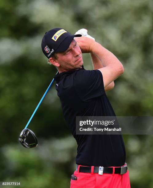 Marcel Siem of Germany plays his first shot on the 13th tee during the Porsche European Open - Day One at Green Eagle Golf Course on July 27, 2017 in...