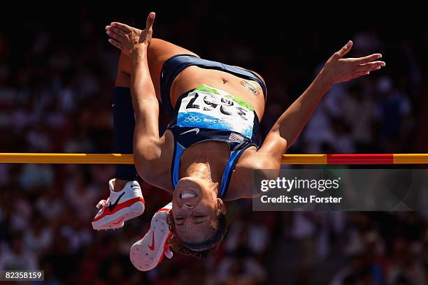 Jackie Johnson of the United States competes in the Women's Heptathlon High Jump Final at the National Stadium on Day 7 of the Beijing 2008 Olympic...