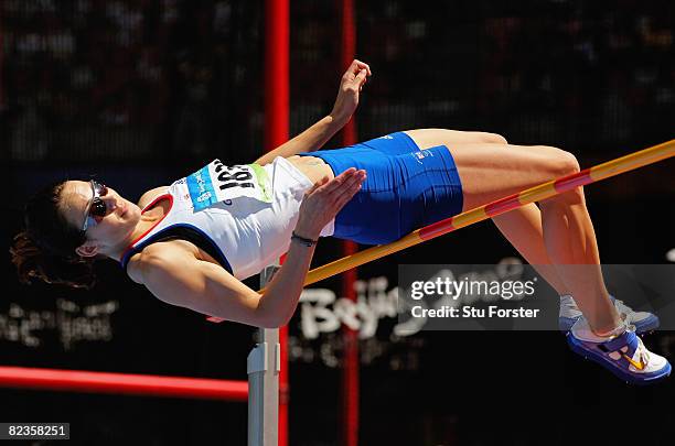 Kelly Sotherton of Great Britain competes in the Women's Heptathlon High Jump Final at the National Stadium on Day 7 of the Beijing 2008 Olympic...