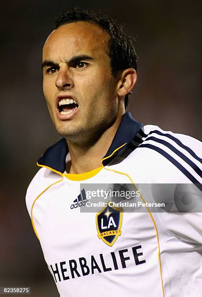 Landon Donovan of the Los Angeles Galaxy celebrates after scoring a first-half goal against Chivas USA at Home Depot Center on August 14, 2008 in...