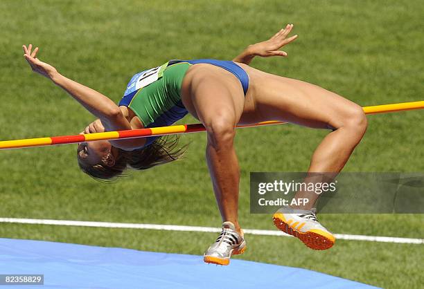 Brazil's Lucimara Silva competes during the women's Heptathlon High Jump group B at the National stadium as part of the 2008 Beijing Olympic Games on...