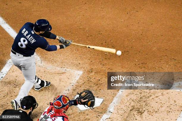 Milwaukee Brewers left fielder Ryan Braun grounds out during an MLB game between the Milwaukee Brewers and the Washington Nationals on July 26 at...