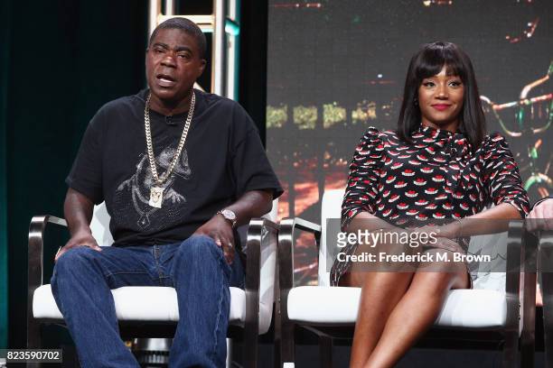 Tracy Morgan and Tiffany Haddish of 'TBS/The Last O.G.' speak onstage during the Turner Networks portion of the 2017 Summer Television Critics...