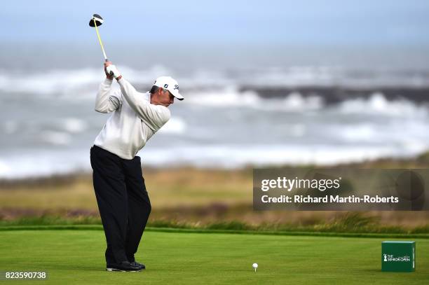 Cesar Monasterio of Argentina tees off on the 3rd hole during the first round of the the Senior Open Championship presented by Rolex at Royal...