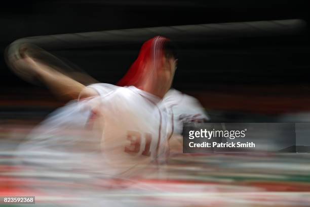 Starting pitcher Max Scherzer of the Washington Nationals works the second inning against the Milwaukee Brewers at Nationals Park on July 27, 2017 in...