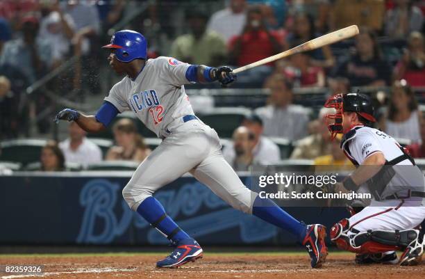 Alfonso Soriano of the Chicago Cubs hits against the Atlanta Braves at Turner Field on August 14, 2008 in Atlanta, Georgia.