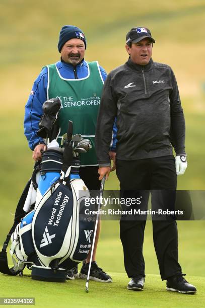 Billy Andrade of the United States looks on during the first round of the the Senior Open Championship presented by Rolex at Royal Porthcawl Golf...