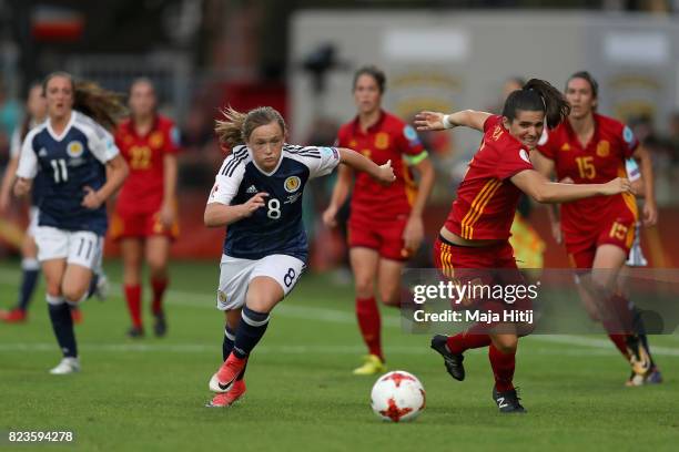 Erin Cuthbert of Scotland and Andrea Pereira of Spain battle for possession during the Group D match between Scotland and Spain during the UEFA...