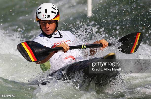 Jennifer Bongardt of Germany competes in the whitewater women's K1 semifinals at the Shunyi Olympic Rowing-Canoeing Park on Day 7 of the Beijing 2008...