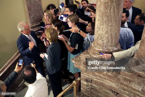 Sen. Bob Corker talks to reporters following a Republican caucus meeting in the U.S. Capitol July 27, 2017 in Washington, DC. Senate Republicans are...