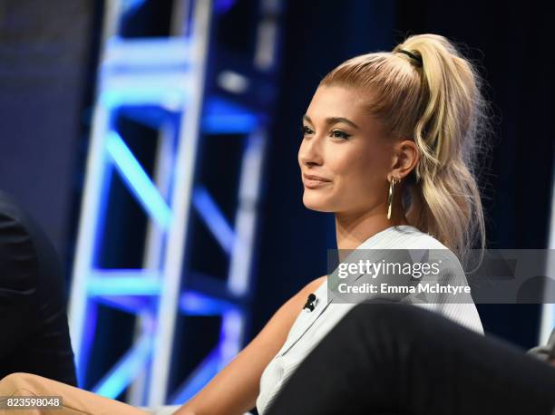 Host Hailey Baldwin of 'Drop The Mic' speaks onstage during the TCA Turner Summer Press Tour 2017 Presentation at The Beverly Hilton Hotel on July...