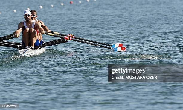 France's Maxime Goisset and Frederic Dufour compete in the lightweight men's double sculls semifinal A/B 1 at the Shunyi Rowing and Canoeing Park...