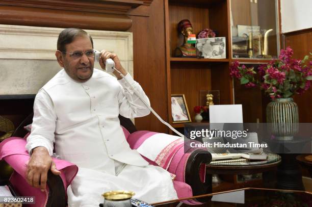 Leader Sharad Yadav after meeting with party MPs Veerendra Kumar and Ali Anwar at his residence on July 27, 2017 in New Delhi, India. Nitish Kumar...