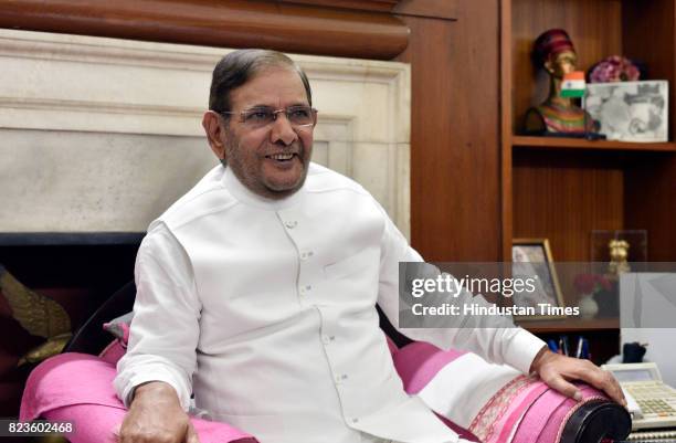 Leader Sharad Yadav after meeting with party MPs Veerendra Kumar and Ali Anwar at his residence on July 27, 2017 in New Delhi, India. Nitish Kumar...