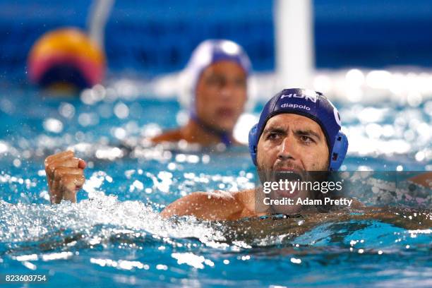 Miklos Gor-Nagy of Hungary celebrates during the Men's Water Polo semi final between Greece and Hungary on day fourteen of the Budapest 2017 FINA...