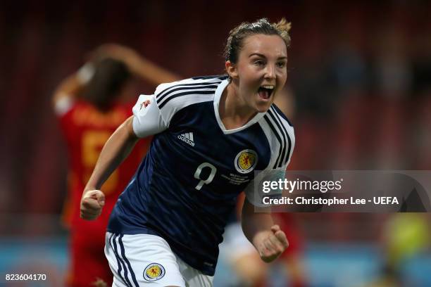 Caroline Weir of Scotland celebrates scoring her sides first goal during the Group D match between Scotland and Spain during the UEFA Women's Euro...