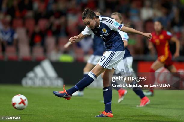 Caroline Weir of Scotland scores her sides first goal during the Group D match between Scotland and Spain during the UEFA Women's Euro 2017 at...