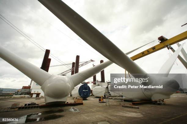 Partially constructed wind turbine blades are stored at the Harland & Wolff shipyard on August 14, 2008 in Belfast, Northern Ireland. 60 wind...
