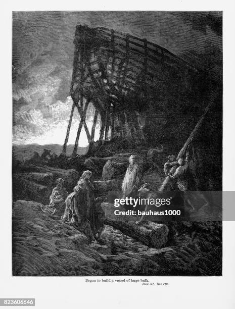 noah begann, ein schiff der riesigen masse viktorianischen gravur 1885 bauen - adam bibelfigur stock-grafiken, -clipart, -cartoons und -symbole
