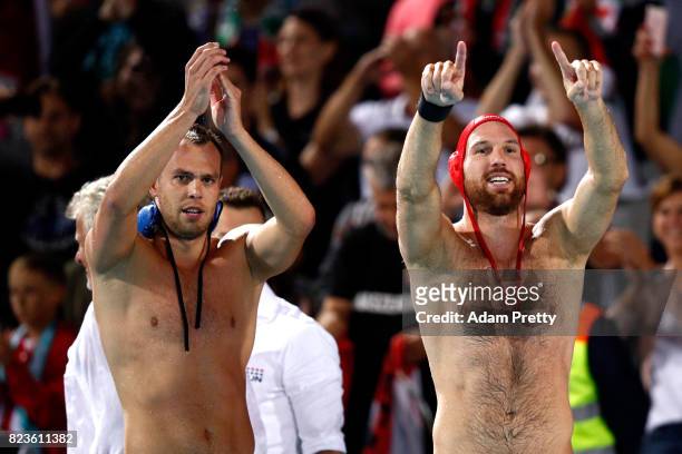 Hungary celebrates victory during the Men's Water Polo semi final between Greece and Hungary on day fourteen of the Budapest 2017 FINA World...